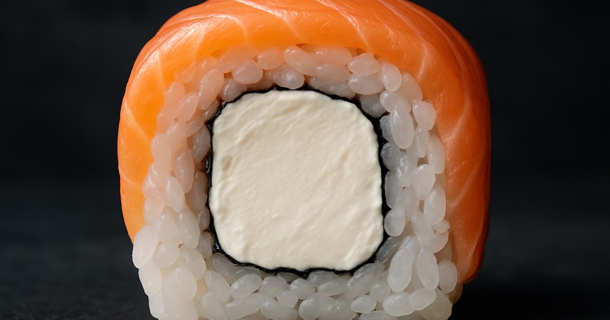 Queso crema para sushi — relleno cremoso visible en corte de roll de salmón