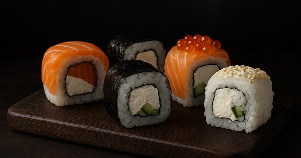 Recetas con queso crema para sushi — 5 variedades de rolls sobre tabla oscura