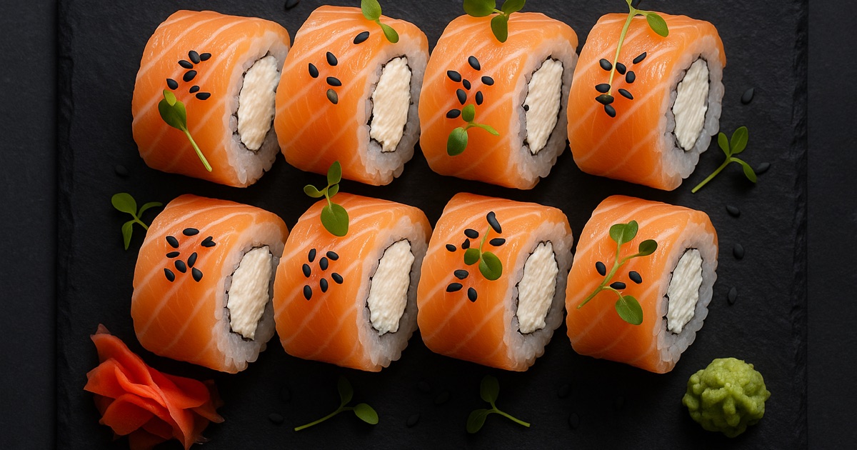 Roll Philadelphia clásico con queso crema — 8 piezas sobre pizarra negra