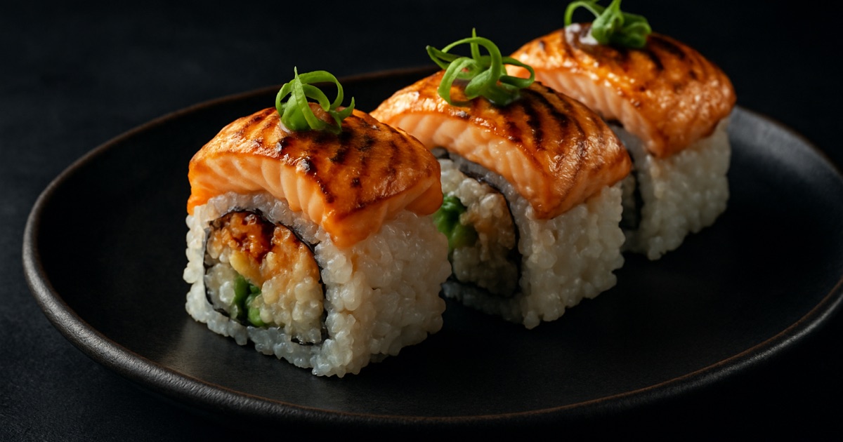 Roll de salmón grillado con queso crema — soplete sobre plato negro