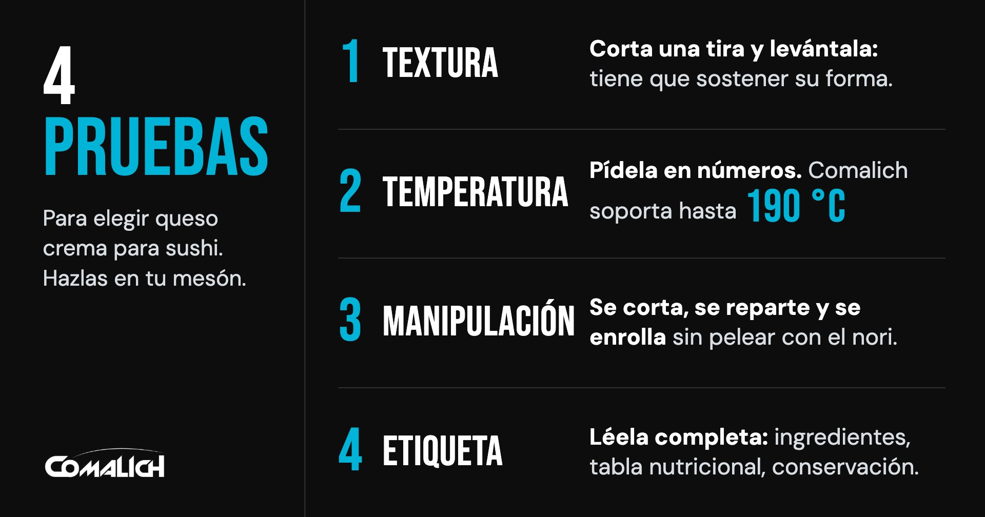 Diagrama de las 4 pruebas para elegir queso crema para sushi: textura, temperatura, manipulación y etiqueta