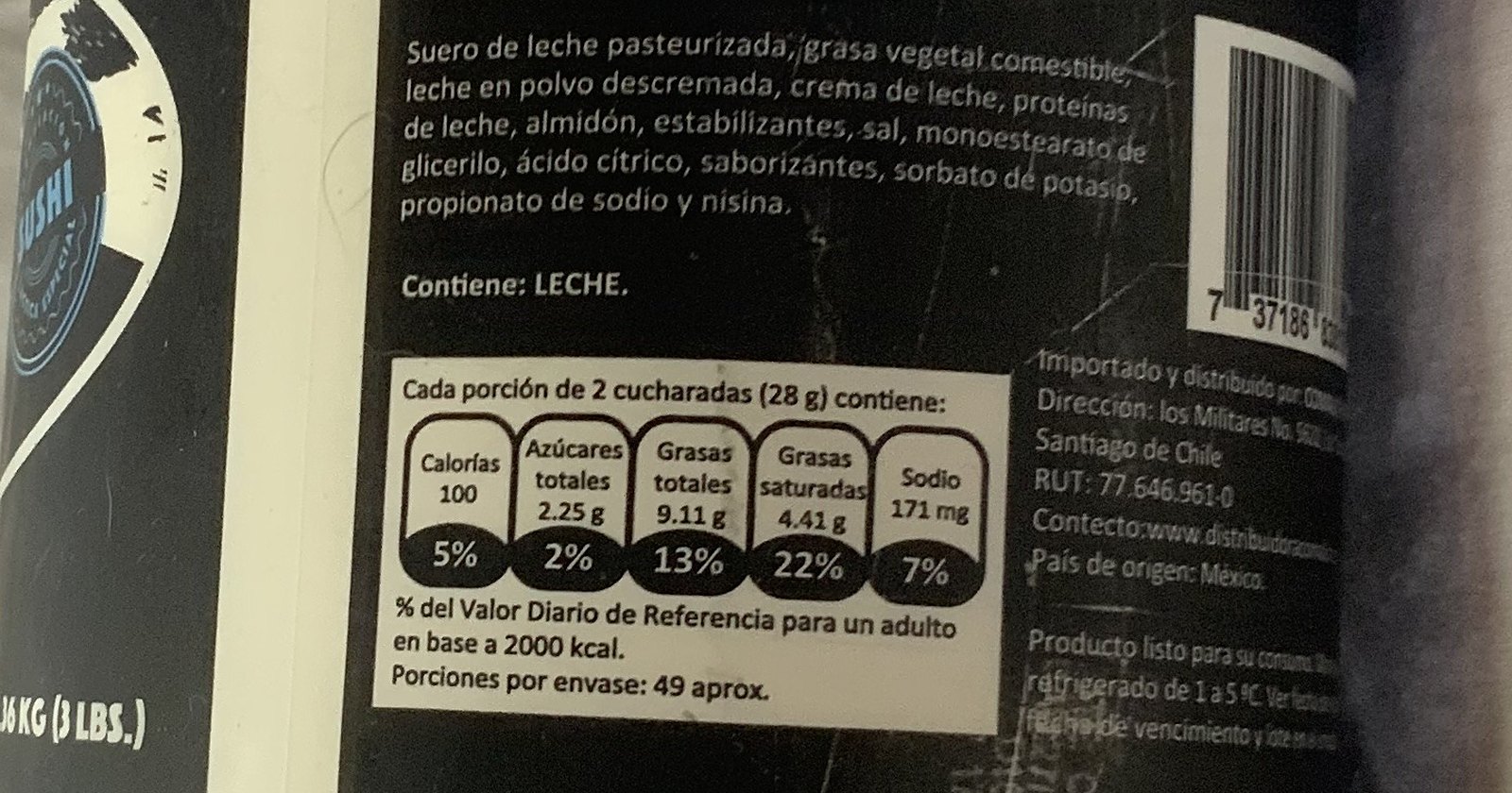 Etiqueta del queso crema Comalich con ingredientes, tabla nutricional e indicación de refrigerado de 1 a 5 °C